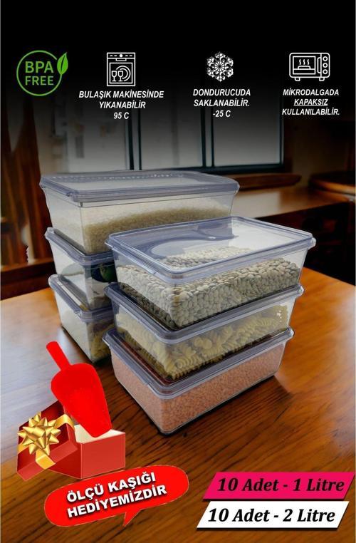 Plastik Kapaklı Kilitli - Gri Saklama Kabı 10 Adet 2 Lt & 10 Adet 1 Lt