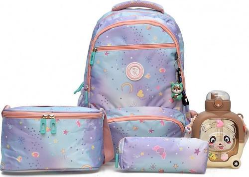 4'lü İlkokul Çantası Seti Okul Çantası & Termal Beslenme Çantası & Kalemlik & Suluk Lila-Mavi 1385