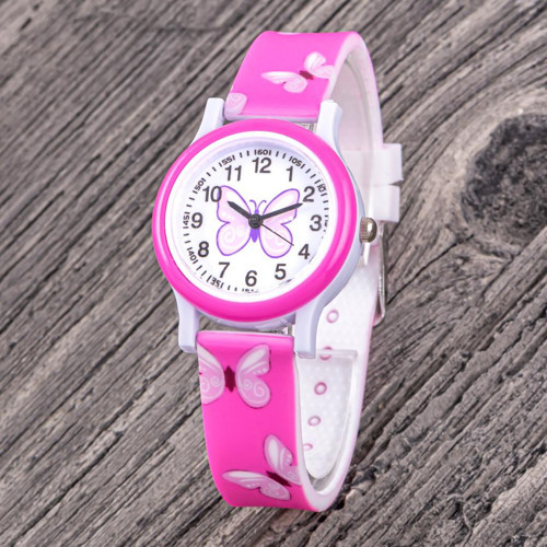 4-12 Yaş Pembe Desenli Kordon Mor Kelebek Kadran Çocuk Kol Saat Analog ST-304336