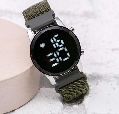 Haki Yeşil Cırtlı Yapışır Kordon Unisex Erkek Yetişkin Çocuk Dijital Saat ST-304058