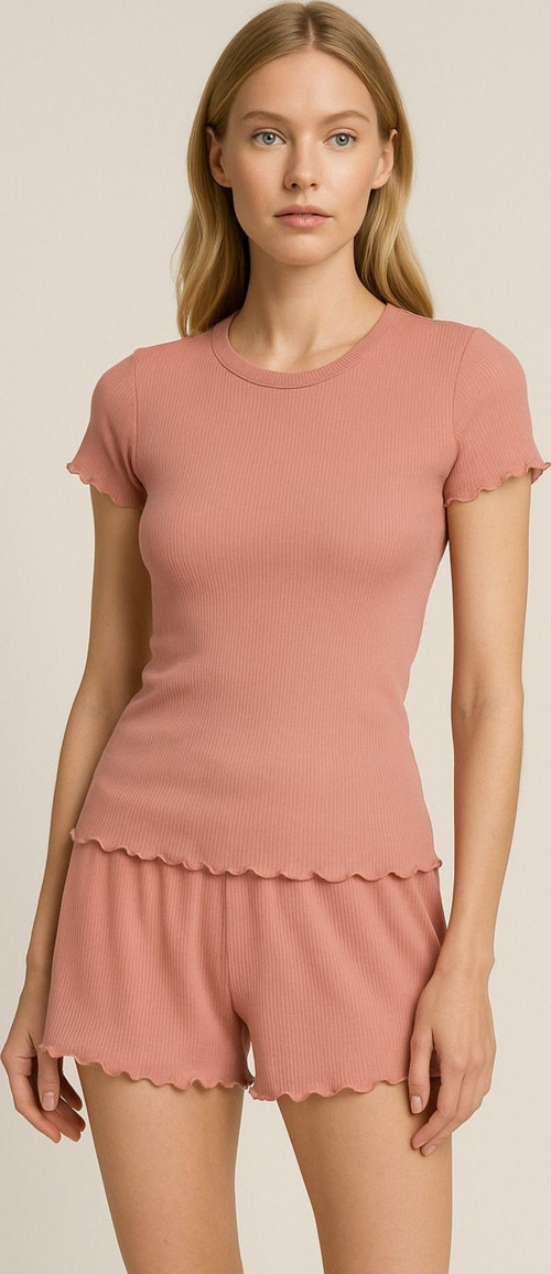 Vizon Pamuklu Fitilli Kısa Kollu Tişört Ve Şort Kadın Pijama Takımı