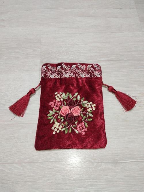 İşlemeli Kadife Kese – Hediyelik – Çok Amaçlı - Kırmızı Renk