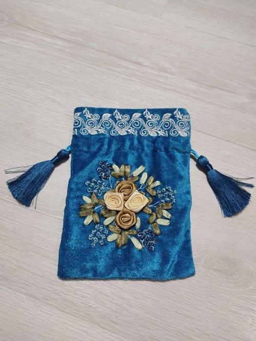 İşlemeli Kadife Kese – Hediyelik – Çok Amaçlı - Mavi Renk