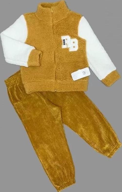 1-2-3 Yaş Kuzu Kumaş Fermuarlı Sweat Kadife Pantolonlu Uzun Kollu Kız Erkek Çocuk 2li Takım Hardal