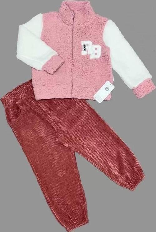 1-2-3 Yaş Kuzu Kumaş Fermuarlı Sweat Kadife Pantolonlu Uzun Kollu Kız Erkek Çocuk 2li Takım Gül Kuru
