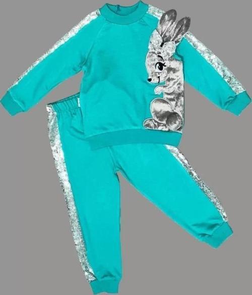 1-2-3 Yaş Payetli Pelüş Tavşan Desenli Likra Penye Kumaş Sweat Pantolonlu Kız 2li Çocuk Takımı Mint 