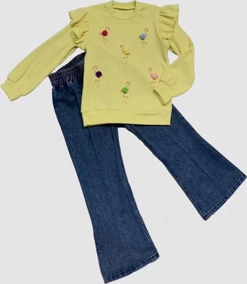 4-5-6 Yaş Kot Pantolonlu Flamingo Desenli Penye Sweat Uzun Kollu 2li Kız Çocuk Takımı Sarı