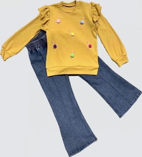 4-5-6 Yaş Kot Pantolonlu Flamingo Desenli Penye Sweat Uzun Kollu 2li Kız Çocuk Takımı Hardal