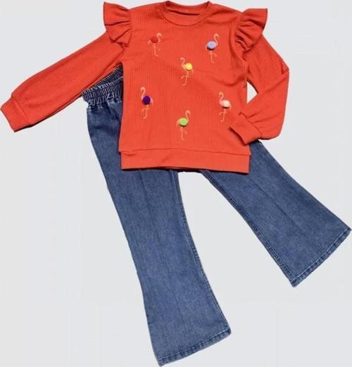 4-5-6 Yaş Kot Pantolonlu Flamingo Desenli Penye Sweat Uzun Kollu 2li Kız Çocuk Takımı Kırmızı