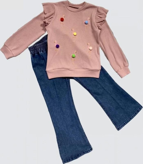 4-5-6 Yaş Kot Pantolonlu Flamingo Desenli Penye Sweat Uzun Kollu 2li Kız Çocuk Takımı Gül Kurusu