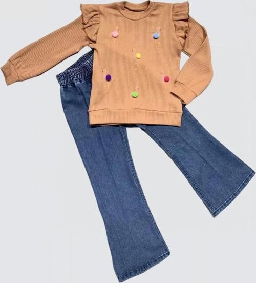 4-5-6 Yaş Kot Pantolonlu Flamingo Desenli Penye Sweat Uzun Kollu 2li Kız Çocuk Takımı Kahverengi
