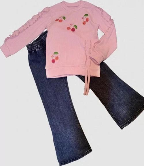 4-5-6 Yaş Kot Pantolonlu Kiraz Desenli Penye Sweat Uzun Kollu 2li Kız Çocuk Takımı Pembe