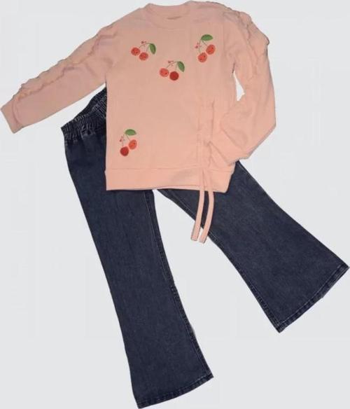 4-5-6 Yaş Kot Pantolonlu Kiraz Desenli Penye Sweat Uzun Kollu 2li Kız Çocuk Takımı Pudra