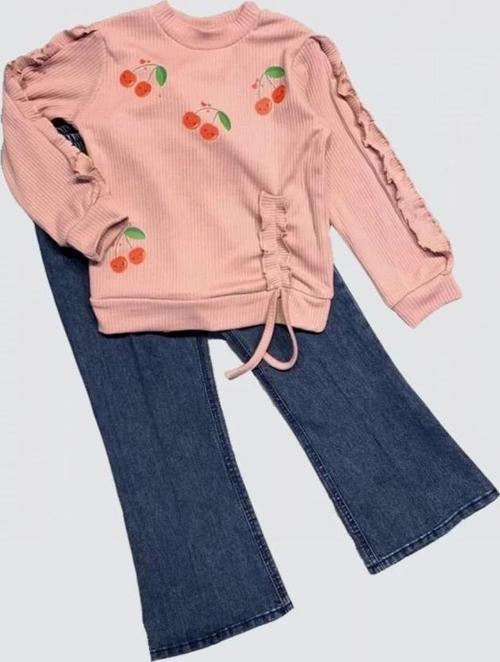 4-5-6 Yaş Kot Pantolonlu Kiraz Desenli Penye Sweat Uzun Kollu 2li Kız Çocuk Takımı Gül Kurusu