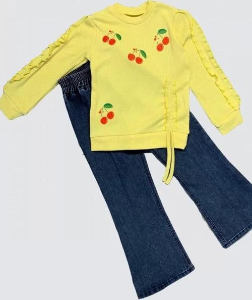 4-5-6 Yaş Kot Pantolonlu Kiraz Desenli Penye Sweat Uzun Kollu 2li Kız Çocuk Takımı Sarı