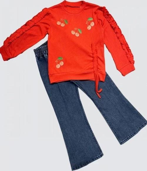 4-5-6 Yaş Kot Pantolonlu Kiraz Desenli Penye Sweat Uzun Kollu 2li Kız Çocuk Takımı Kırmızı