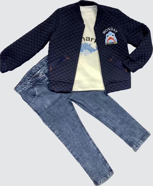 4-5-6 Yaş Kot Pantolonlu Pilot Mont Uzun Kollu Penye Sweat 3lü Erkek Çocuk Takımı Lacivert