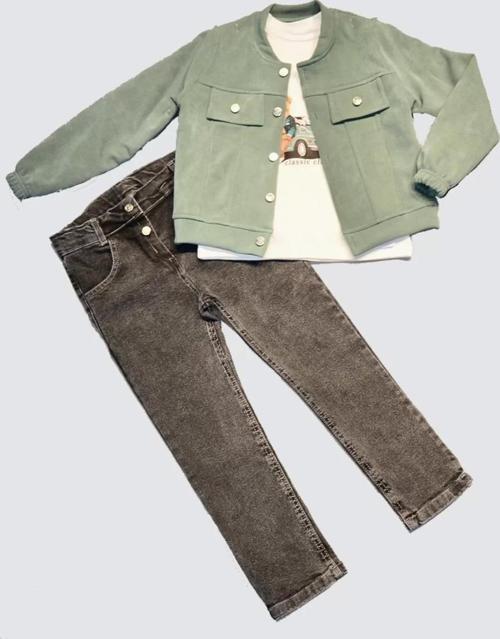 4-5-6 Yaş Kot Pantolonlu Nubukceketli Uzun Kollu Penye Sweat 3lü Erkek Çocuk Takımı Yeşil