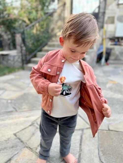 4-5-6 Yaş Kot Pantolonlu Nubukceketli Uzun Kollu Penye Sweat 3lü Erkek Çocuk Takımı Kiremit
