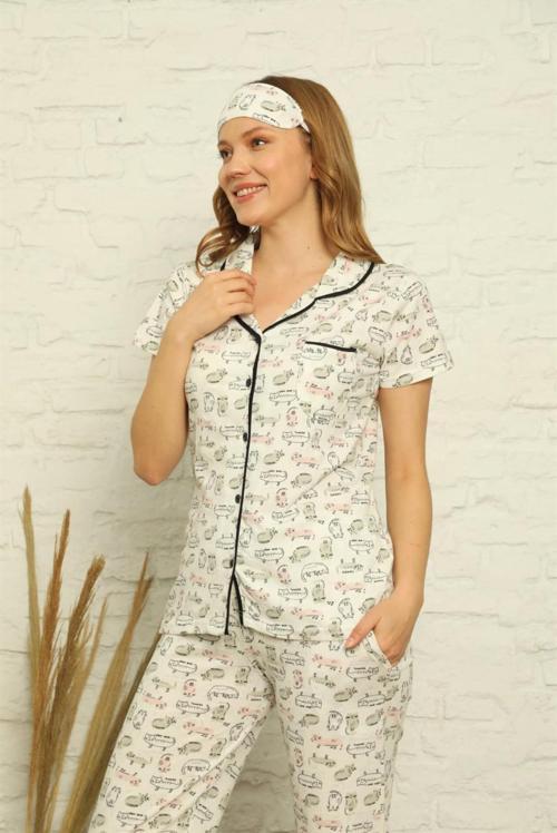 Kadın %100 Pamuk Önden Düğmeli Kısa Kol Pijama Takım 2842