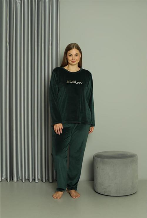 Büyük Beden Kadın Kadife Yeşil Pijama Takım 20628