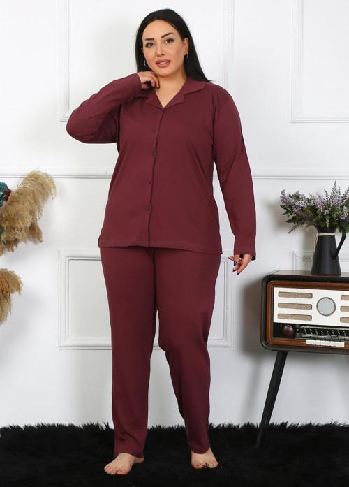 Kadın Büyük Beden Pamuklu Cepli Düğmeli Mürdüm Pijama Takım 202401