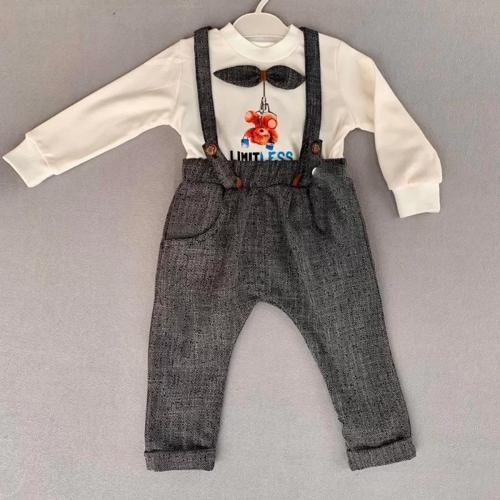 9-12-18 Ay Papyonlu Sweat Kot Pantolon 2li Erkek Bebek Salopet Takımı Gri
