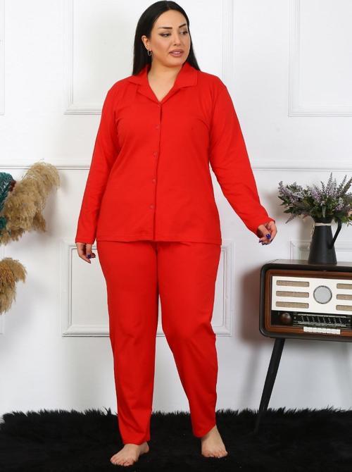 Kadın Büyük Beden Pamuklu Cepli Düğmeli Kırmızı Pijama Takım