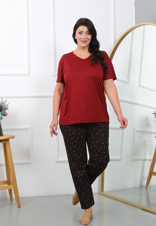 Kadın Büyük Beden Kısa Kol Penye Pijama Takımı Bordo 202406