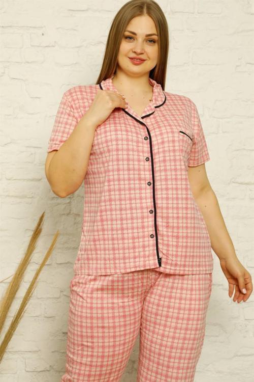 Kadın Pamuklu Cepli Kısa Kol Büyük Beden Pijama Takım 202126