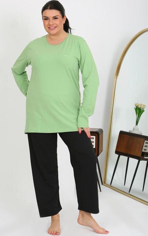 Kadın Büyük Beden Uzun Kol Penye Pijama Takımı Fıstık Yeşili 202408