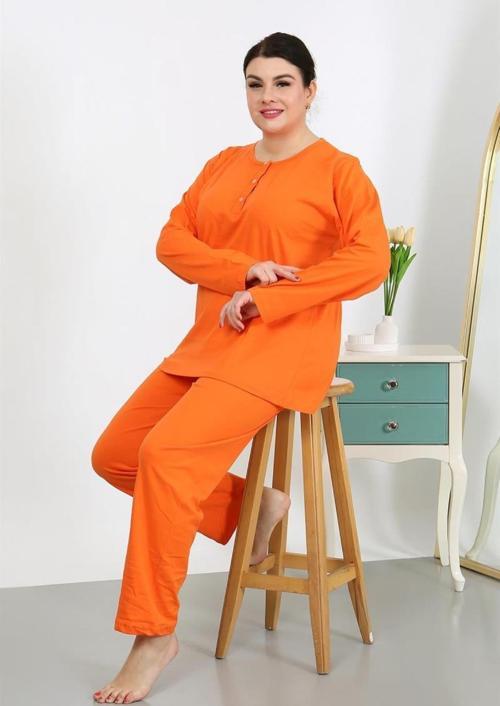 Kadın Büyük Beden Uzun Kol Penye Pijama Takımı Turuncu