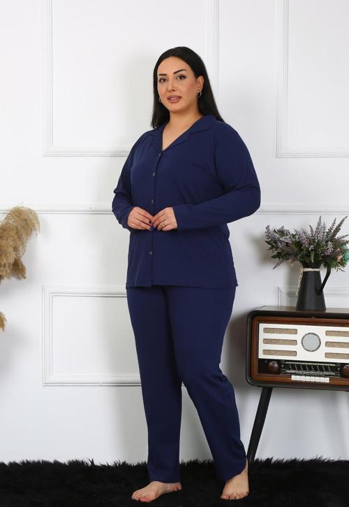 Kadın Büyük Beden Pamuklu Cepli Düğmeli Lacivert Pijama Takım 202401
