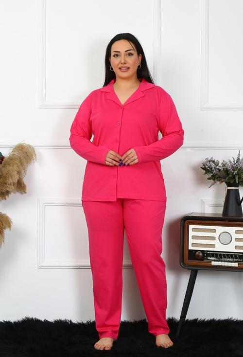 Kadın Büyük Beden Pamuklu Cepli Düğmeli Fuşya Pijama Takım 202401