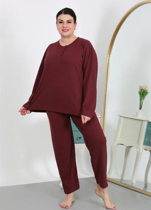 Kadın Büyük Beden Uzun Kol Penye Pijama Takımı Bordo