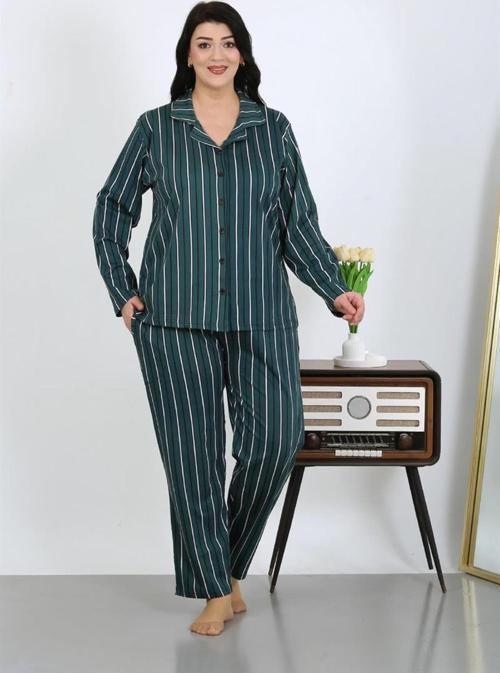 Kadın Büyük Beden Pamuklu Cepli Düğmeli Petrol Pijama Takım