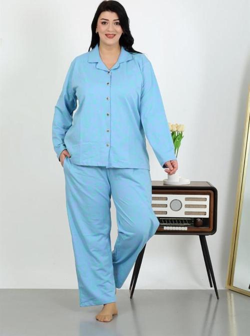 Kadın Büyük Beden Pamuklu Cepli Düğmeli Mavi Pijama Takım