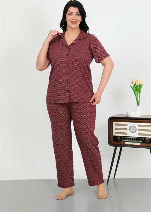 Kadın Büyük Beden Pamuklu Cepli Düğmeli Mor Pijama Takım