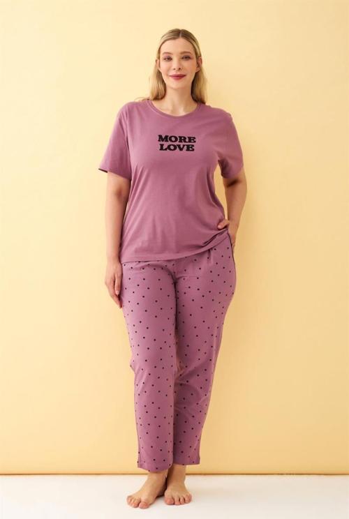 Kadın Mürdüm More Love Yazılı Büyük Beden Pijama Takımı