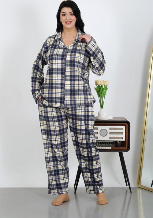 Kadın Büyük Beden Pamuklu Cepli Düğmeli Lacivert Pijama Takım