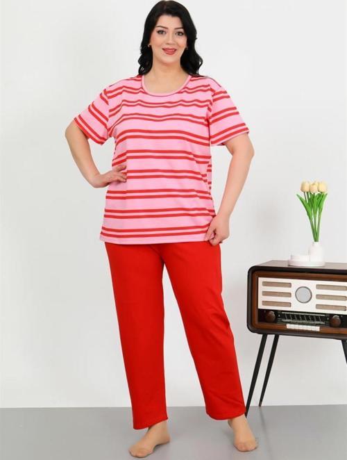 Kadın Büyük Beden Kısa Kol Penye Pijama Takımı Kırmızı
