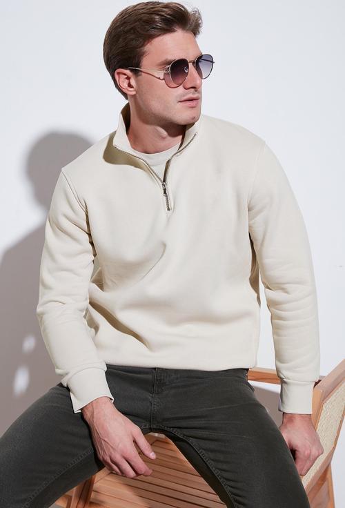 Pamuklu Regular Fit Yarım Fermuarlı Dik Yaka Erkek Sweat 59052592 KUM