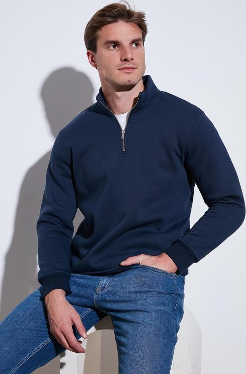 Pamuklu Regular Fit Yarım Fermuarlı Dik Yaka Erkek Sweat 59052592 KOYU LACİVERT