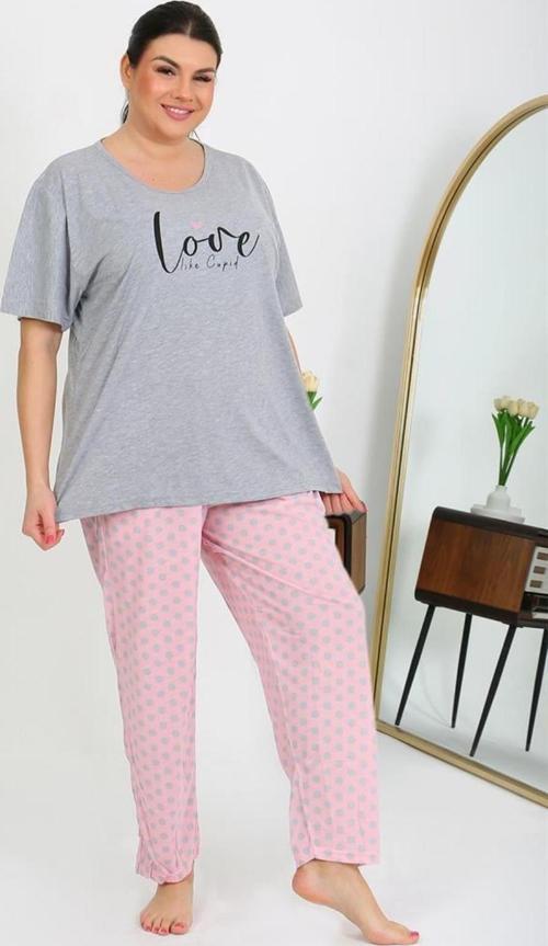 Kadın Büyük Beden Kısa Kol Penye Pijama Takımı Gri 202408