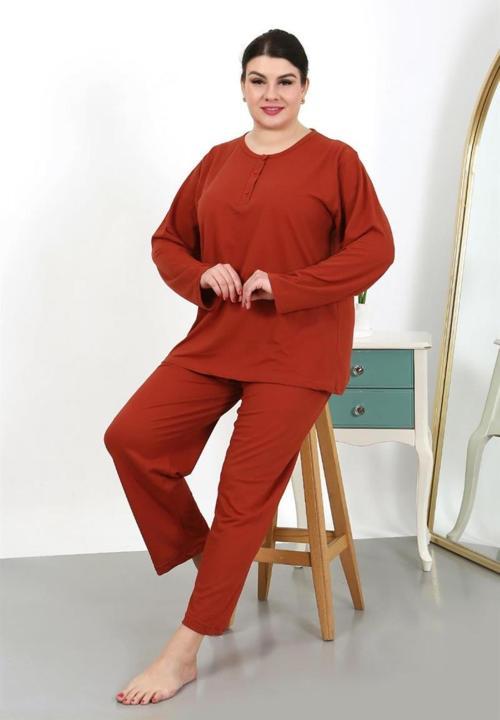 Kadın Büyük Beden Uzun Kol Penye Pijama Takımı Kiremit