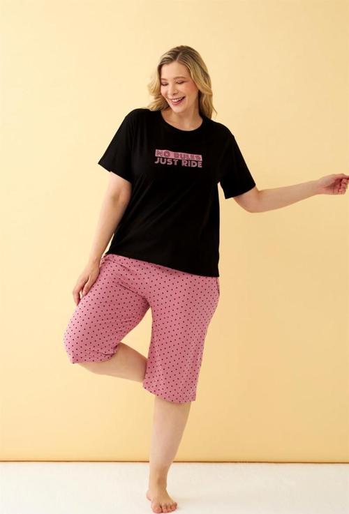 Kadın Siyah “No Rules Just Ride” Yazılı Büyük Beden Kapri Pijama Takımı