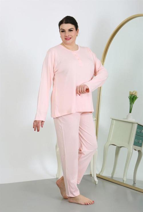 Kadın Büyük Beden Uzun Kol Penye Pijama Takımı Pembe