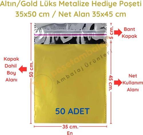35x50 cm Altın Renk Bantlı Lüks Metalize Hediyelik Poşet (50 Adet)