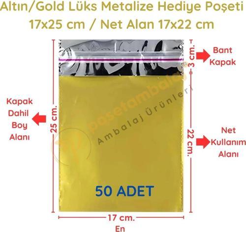 17x25 cm Altın Renk Bantlı Lüks Metalize Hediyelik Poşet (50 Adet)