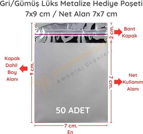 7x9 cm Gümüş Renk Bantlı Lüks Metalize Hediyelik Poşet (50 Adet)